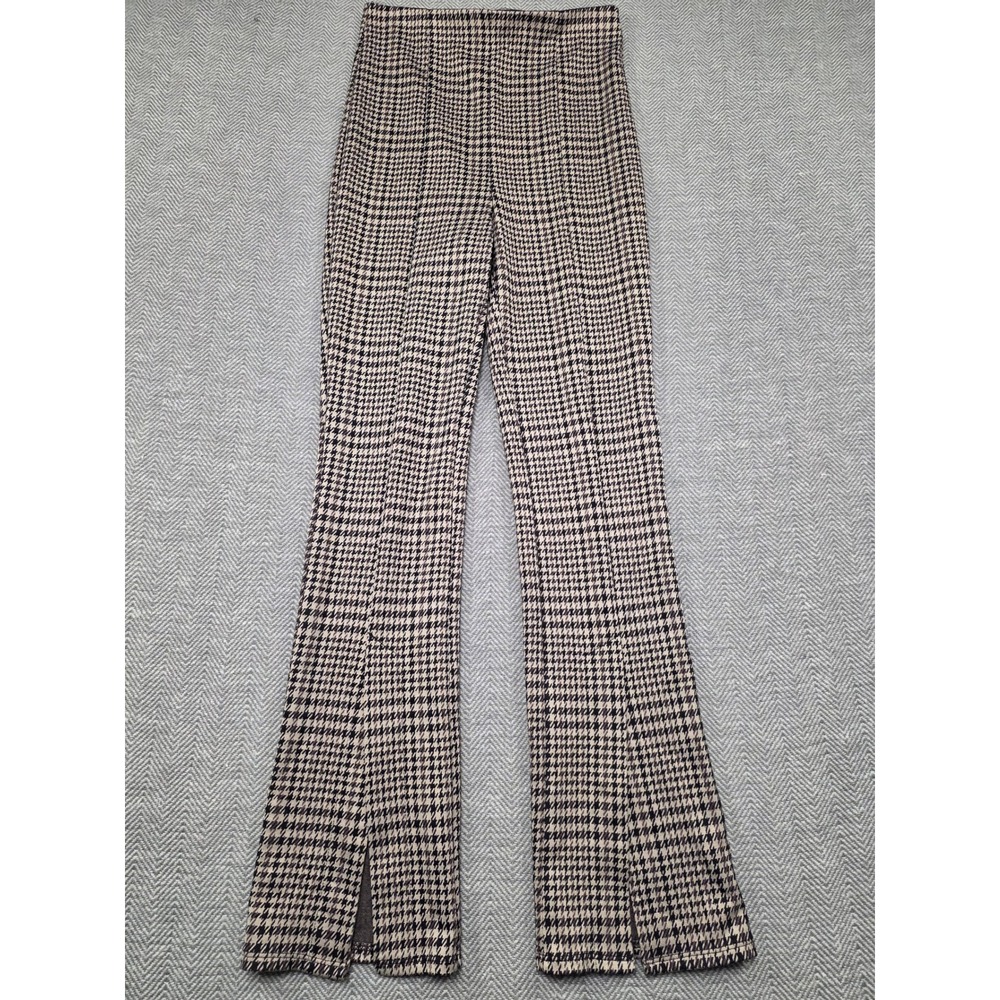 HM Womens Houndstooth High Waist Split‎ Hem Flare Pants Black Tan S P/N 10897916